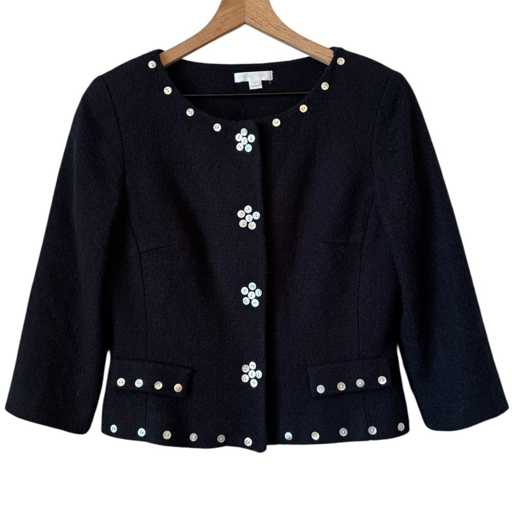 London Times Tweed Mother of Pearl Button Crop Jacket Blazer Sz 6 Black Business